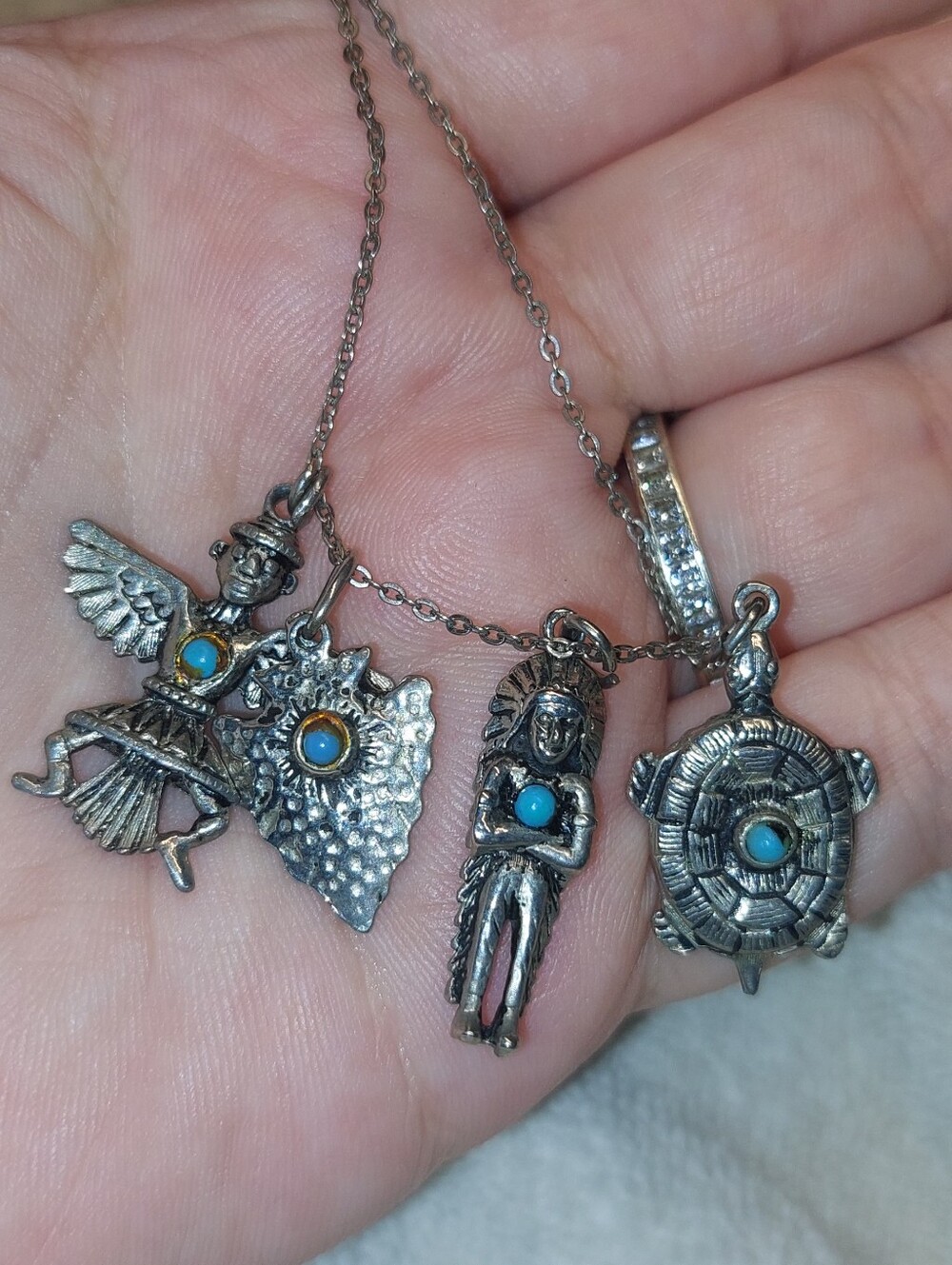 Silver-tone Native Motif Pendant Necklace with Turquoise Accents